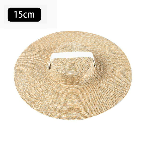 Women Large Wide Brim Straw Summer Hats Ribbon Beach Cap Boater Flat Top Sun Hat